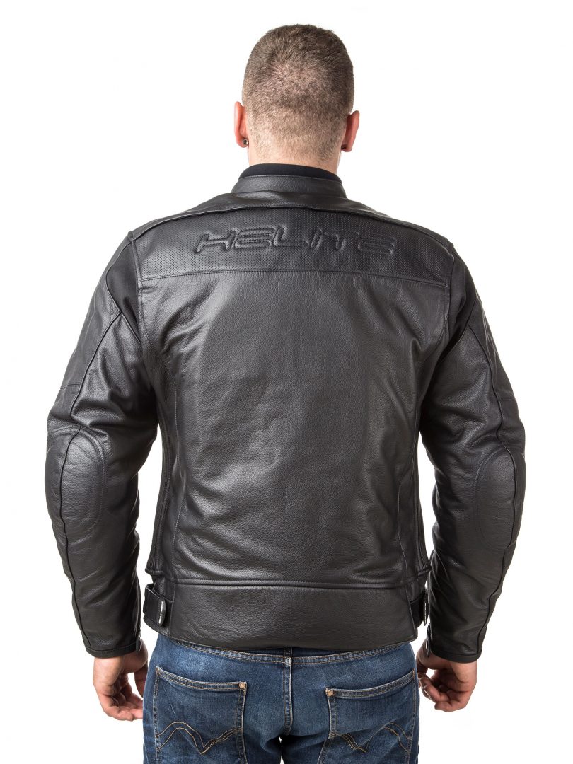 biker being safe by wearing the roadster leather motorcycle jacket rear view