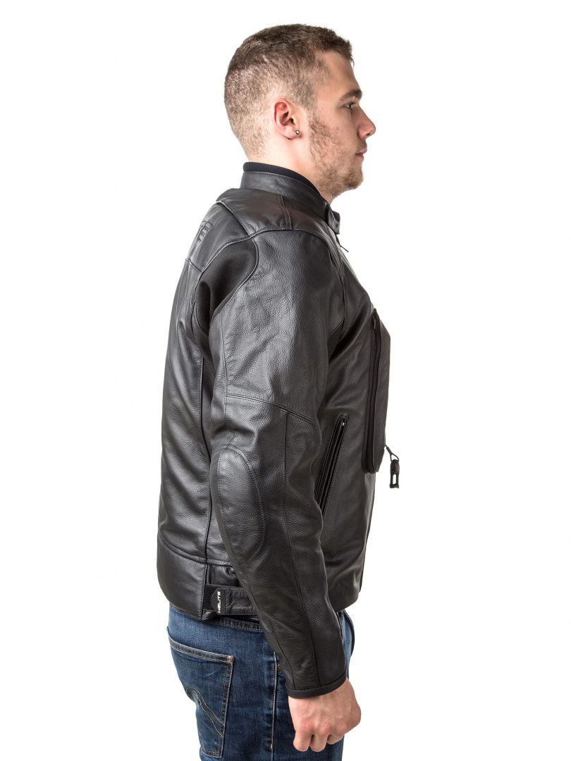 biker being safe by wearing the roadster leather motorcycle jacket side view