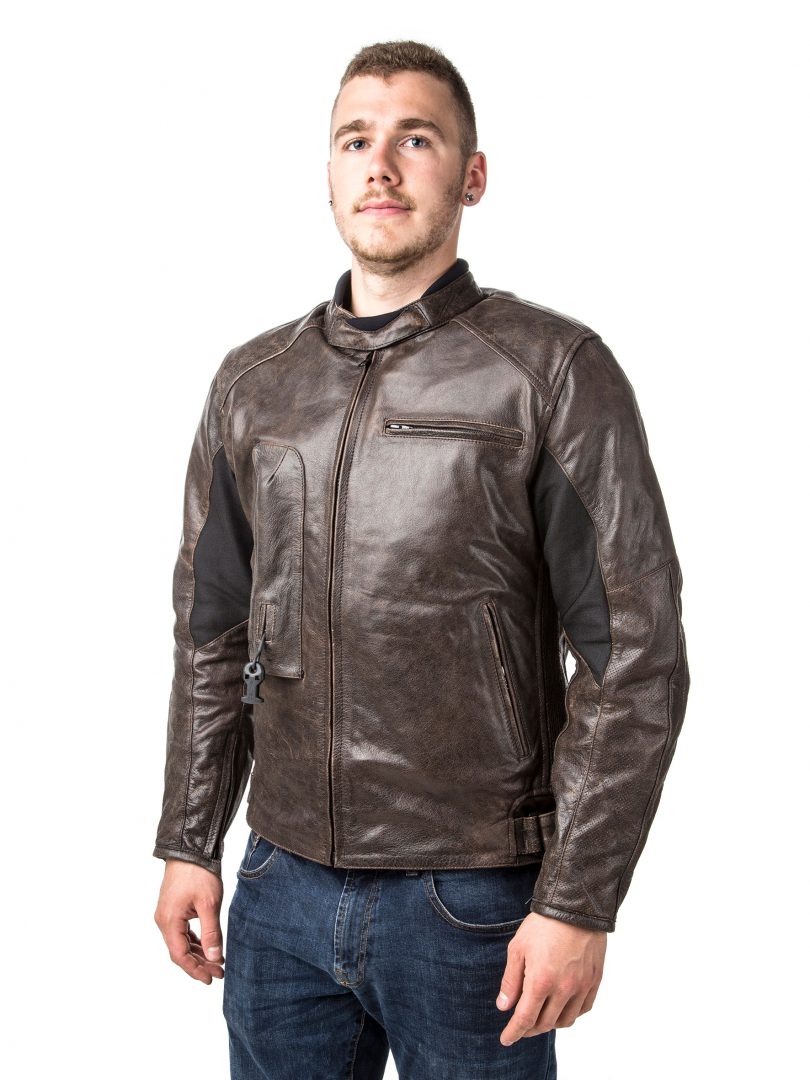 biker being safe by wearing the roadster leather motorcycle jacket front view
