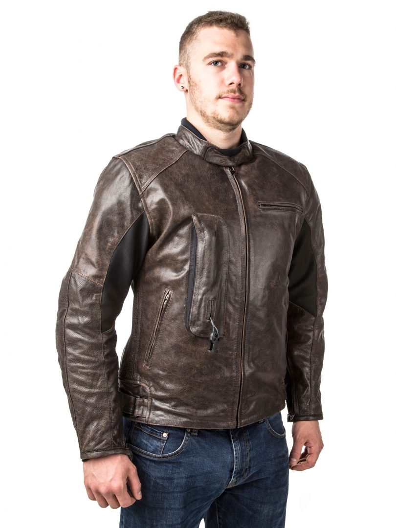 biker being safe by wearing the roadster leather motorcycle jacket front view inflated