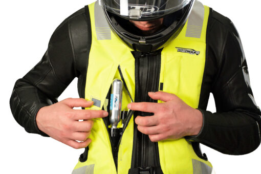 e-turtle Hi Vis motorbike safety vest canister location